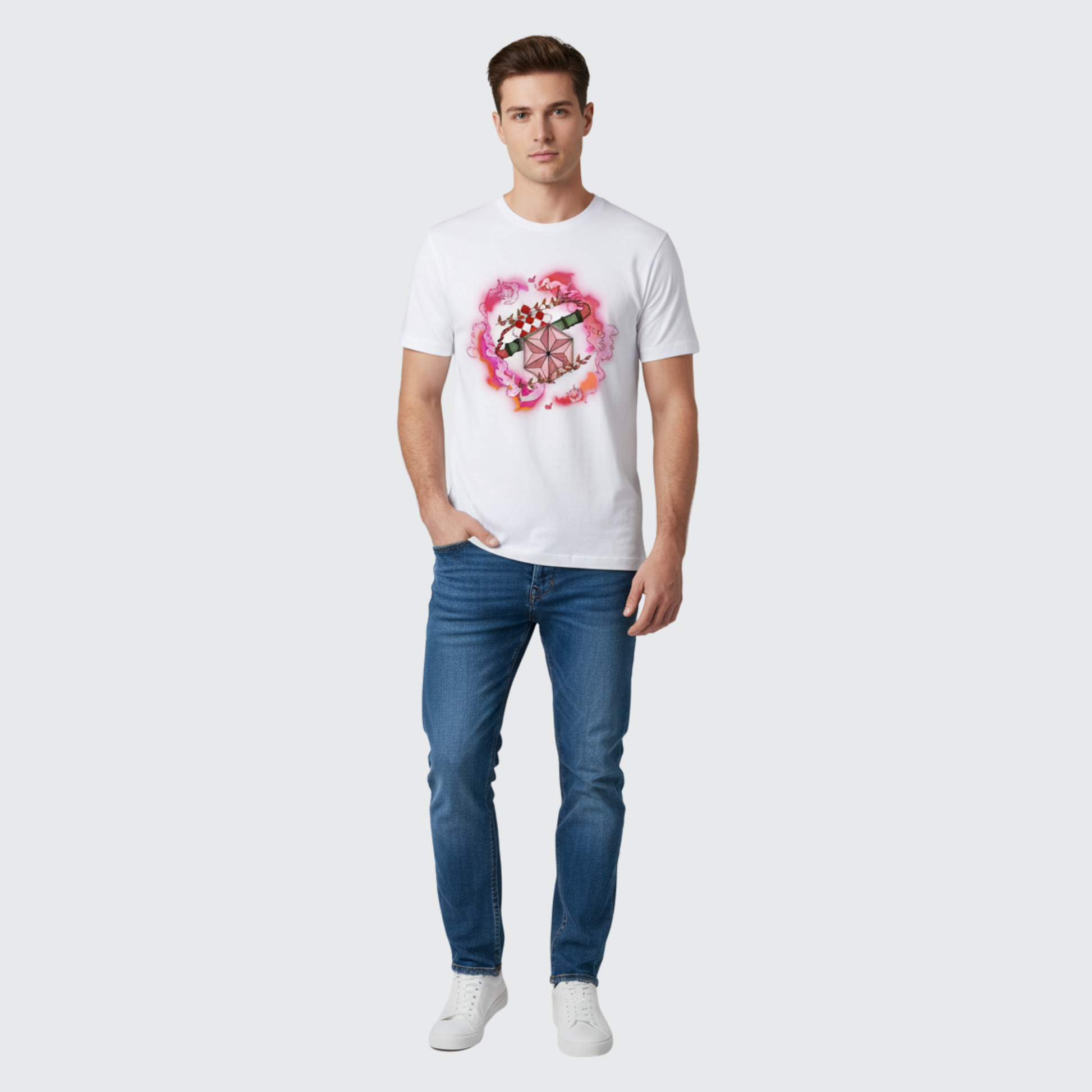 Man wearing white t-shirt