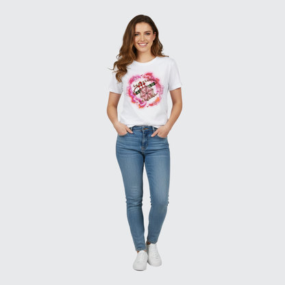 Woman wearing white t-shirt